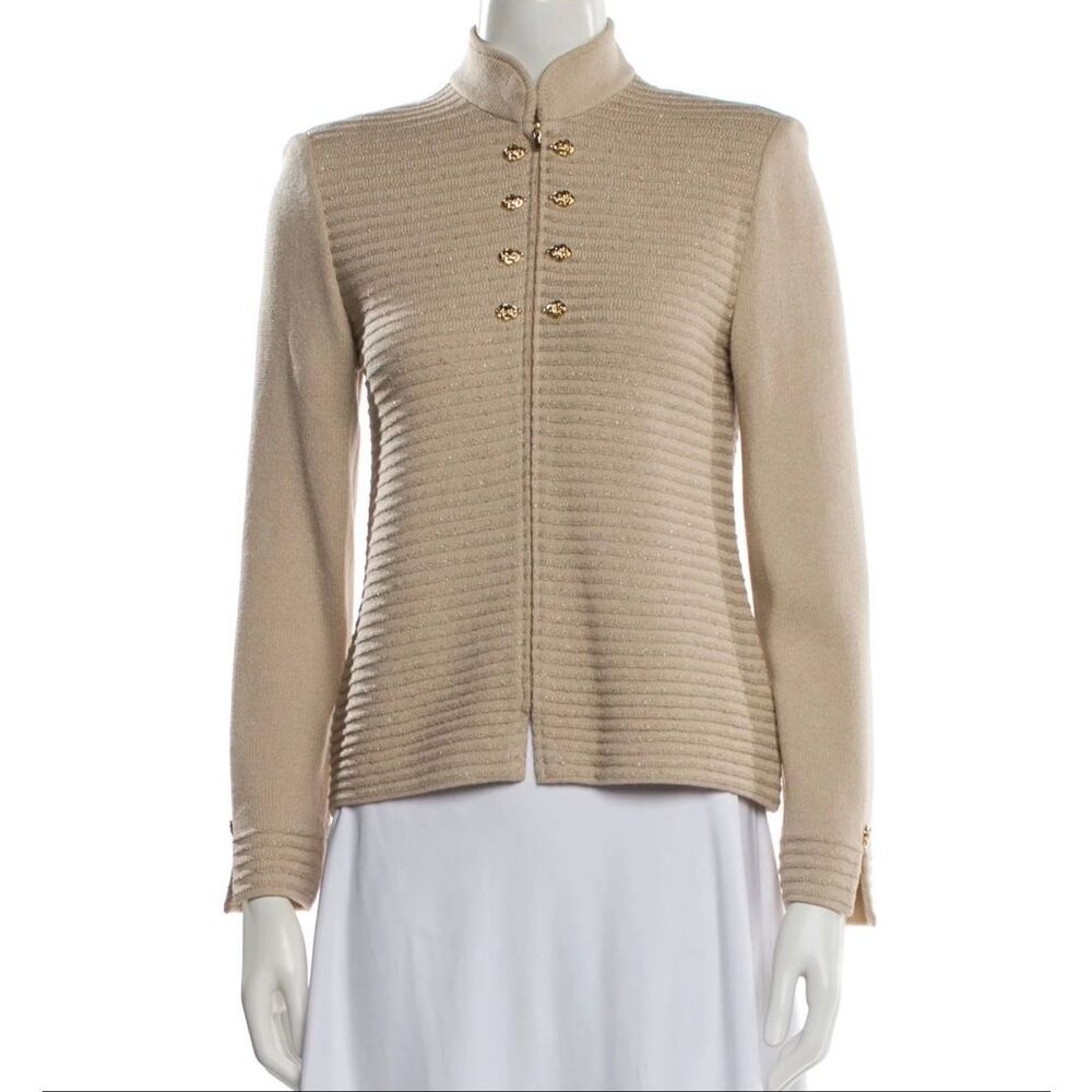 St. John Wool Zip Cardigan with Gold Button Detail.